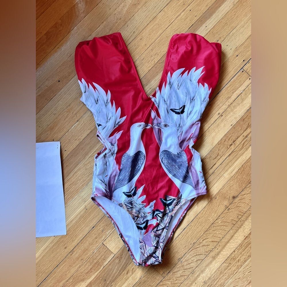 Red one piece cut out bathing suit M birds wide straps v-neck unique seagulls